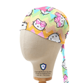 Captain style scrub cap featuring Hello Kitty on pastel rainbow zigzag pattern with chevron stripes, shown on mannequin side view.