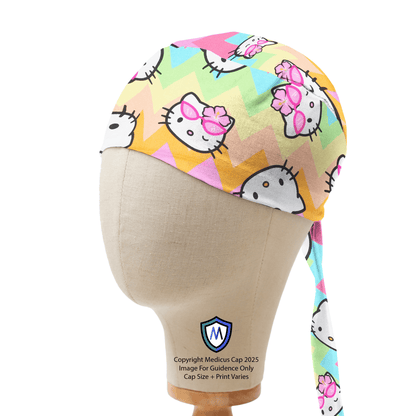 Captain style scrub cap featuring Hello Kitty on pastel rainbow zigzag pattern with chevron stripes, shown on mannequin side view.