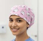 Hello Kitty Kawaii Head Toss scrub cap shown on model