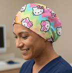 Hello Kitty on Rainbow ZigZags scrub cap shown on model