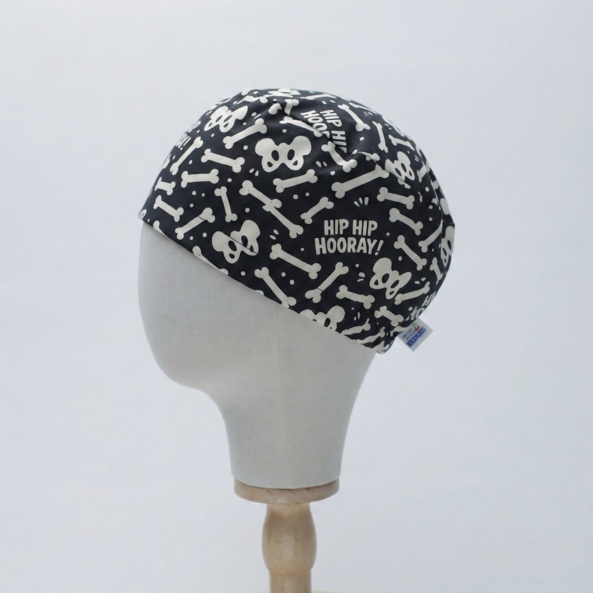 Hip Hip Hooray scrub cap shown from side angle