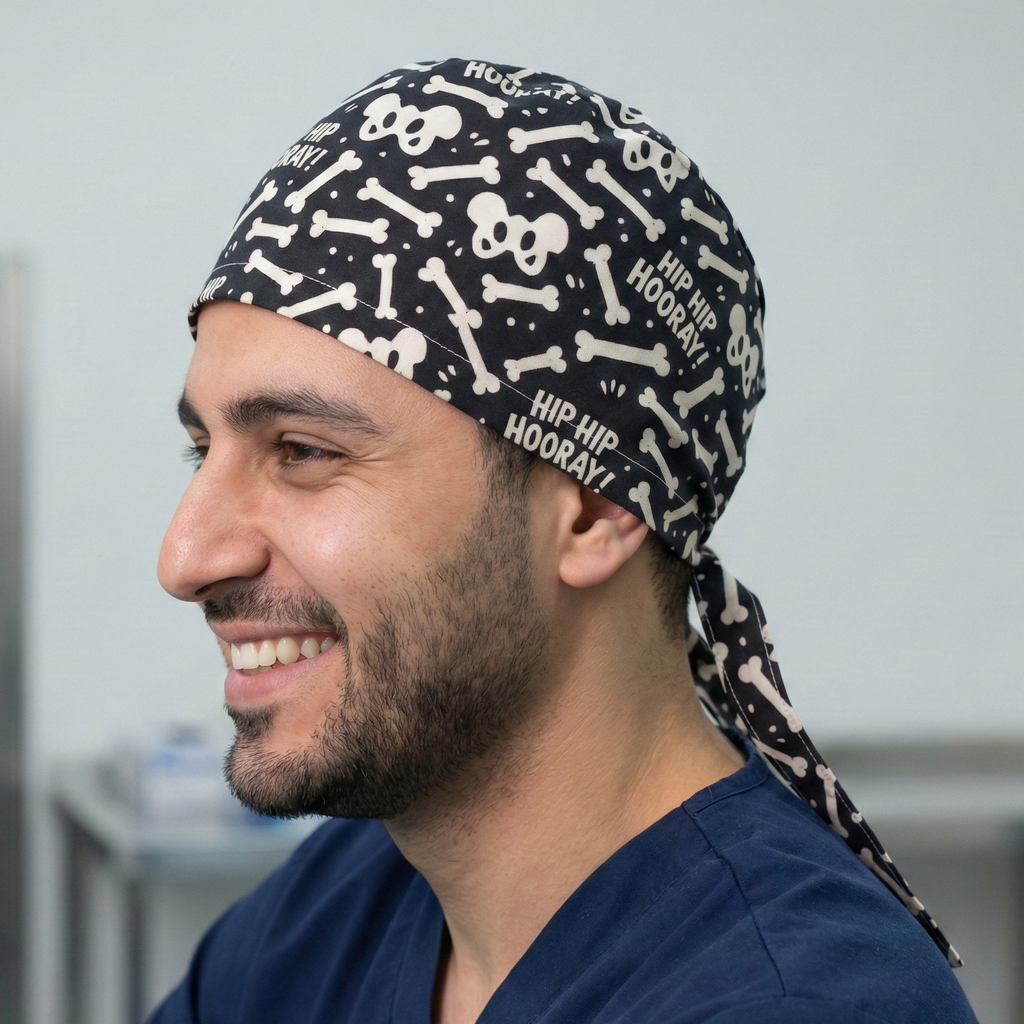 Hip Hip Hooray scrub cap shown on model