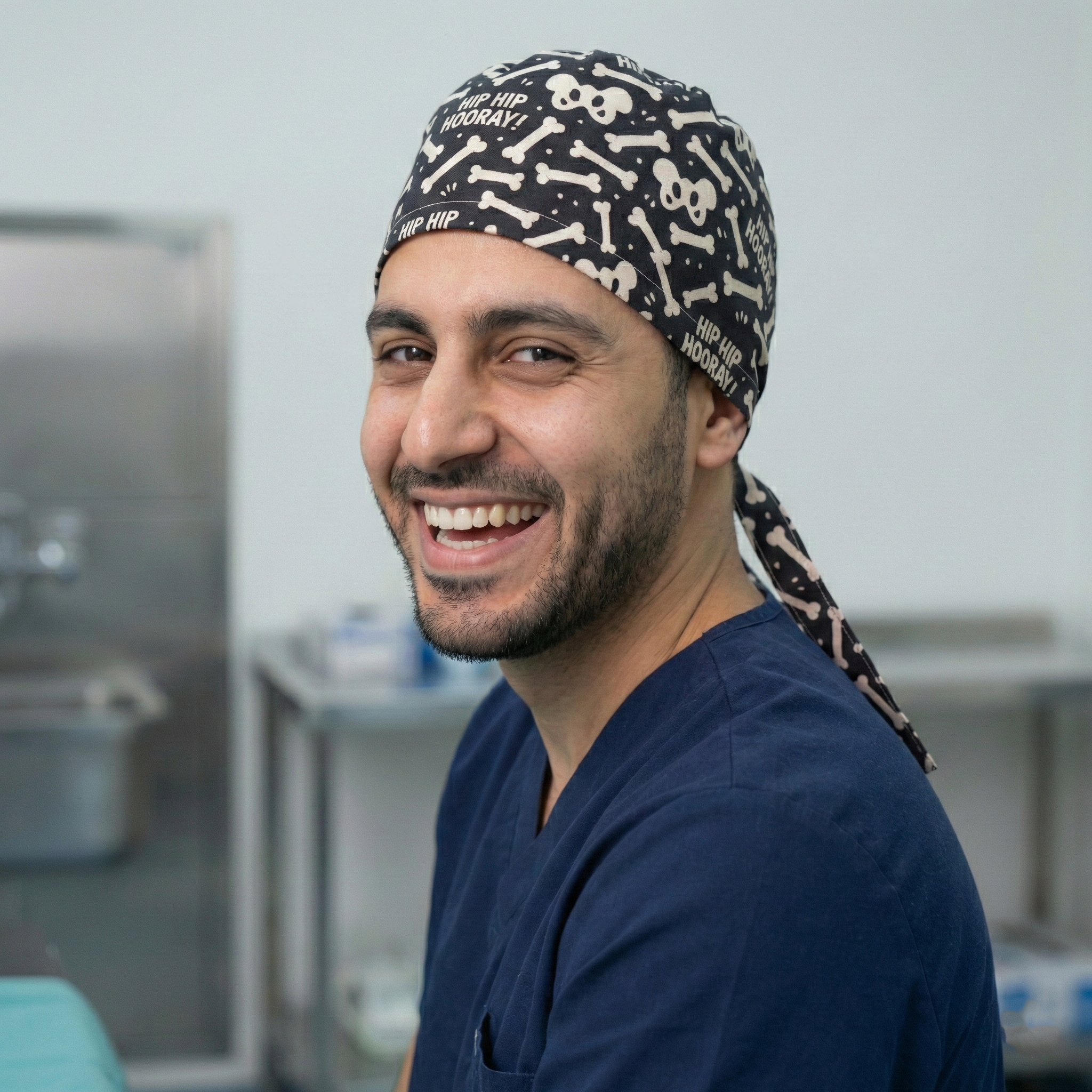 Hip Hip Hooray scrub cap pattern detail on mannequin
