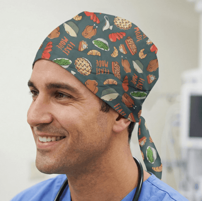 Holidays Thanksgiving Feast Mode scrub cap shown on model