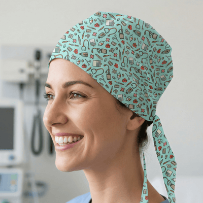 Hopsital Tools On Teal #2 scrub cap shown on model