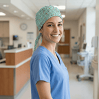 Hospital Tools On Teal #2 scrub cap shown on model