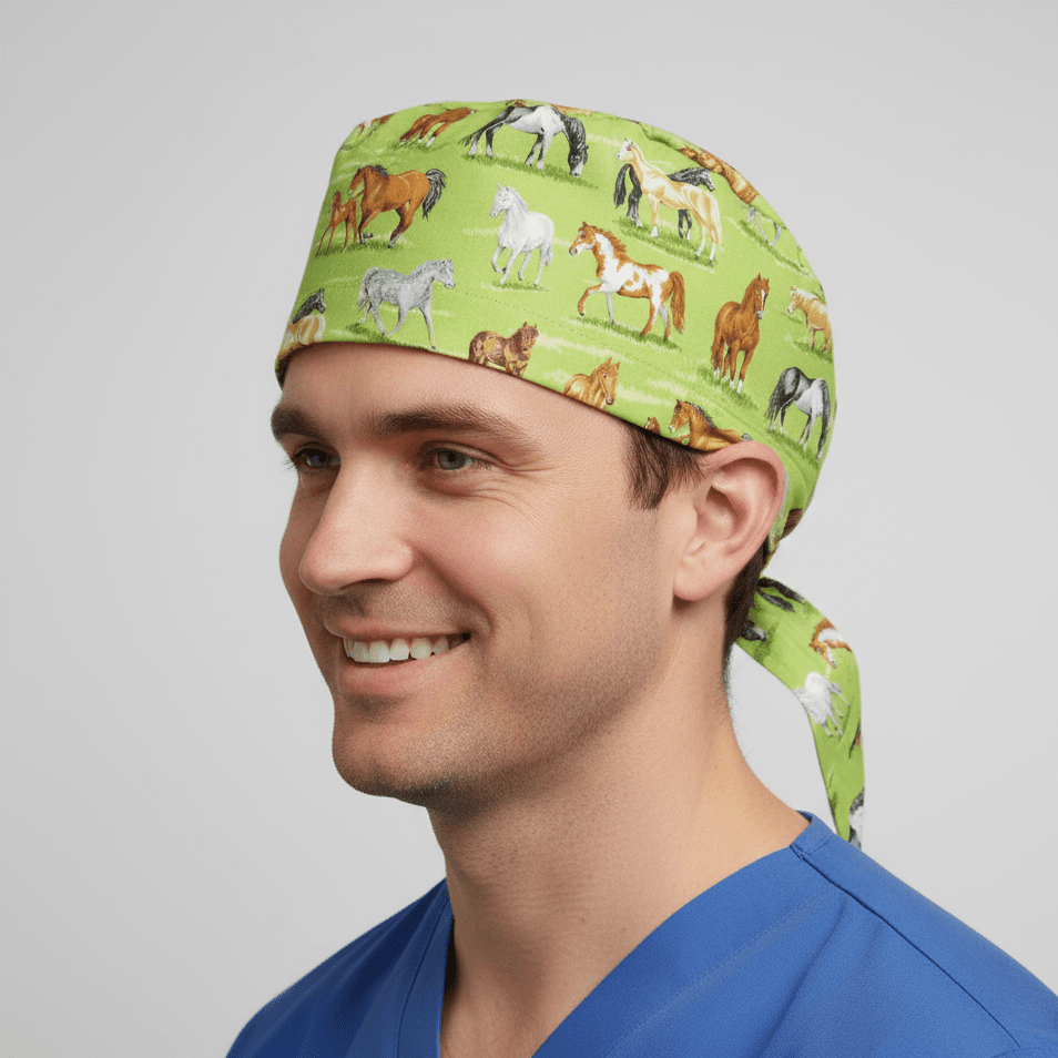 Gorro quirúrgico con diseño de caballos en el campo