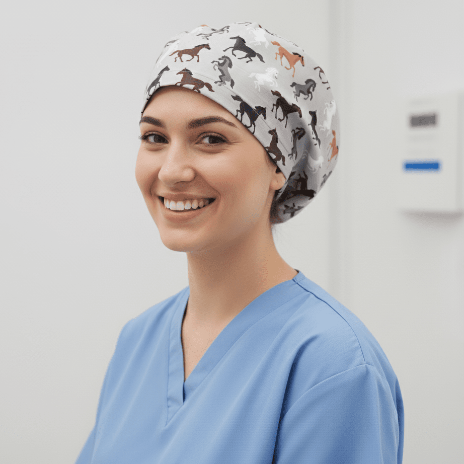 Gorro quirúrgico con caballos en color gris