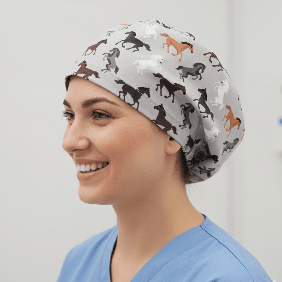 Gorro quirúrgico con caballos en color gris