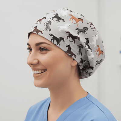Horses On Grey scrub cap shown on model