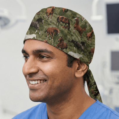 Horses Roaming Free scrub cap shown on model