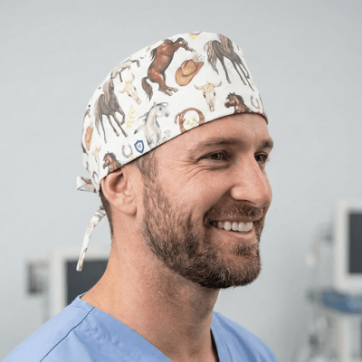 Horses Run Wild With Accessories scrub cap shown on model