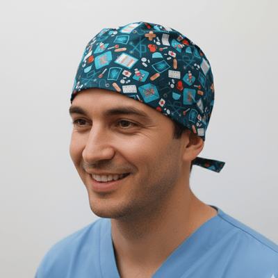 Hospital Surgery Admin On Navy scrub cap shown on model