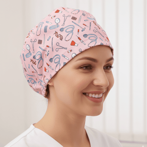 Hospital Tools On Pink scrub cap shown on model