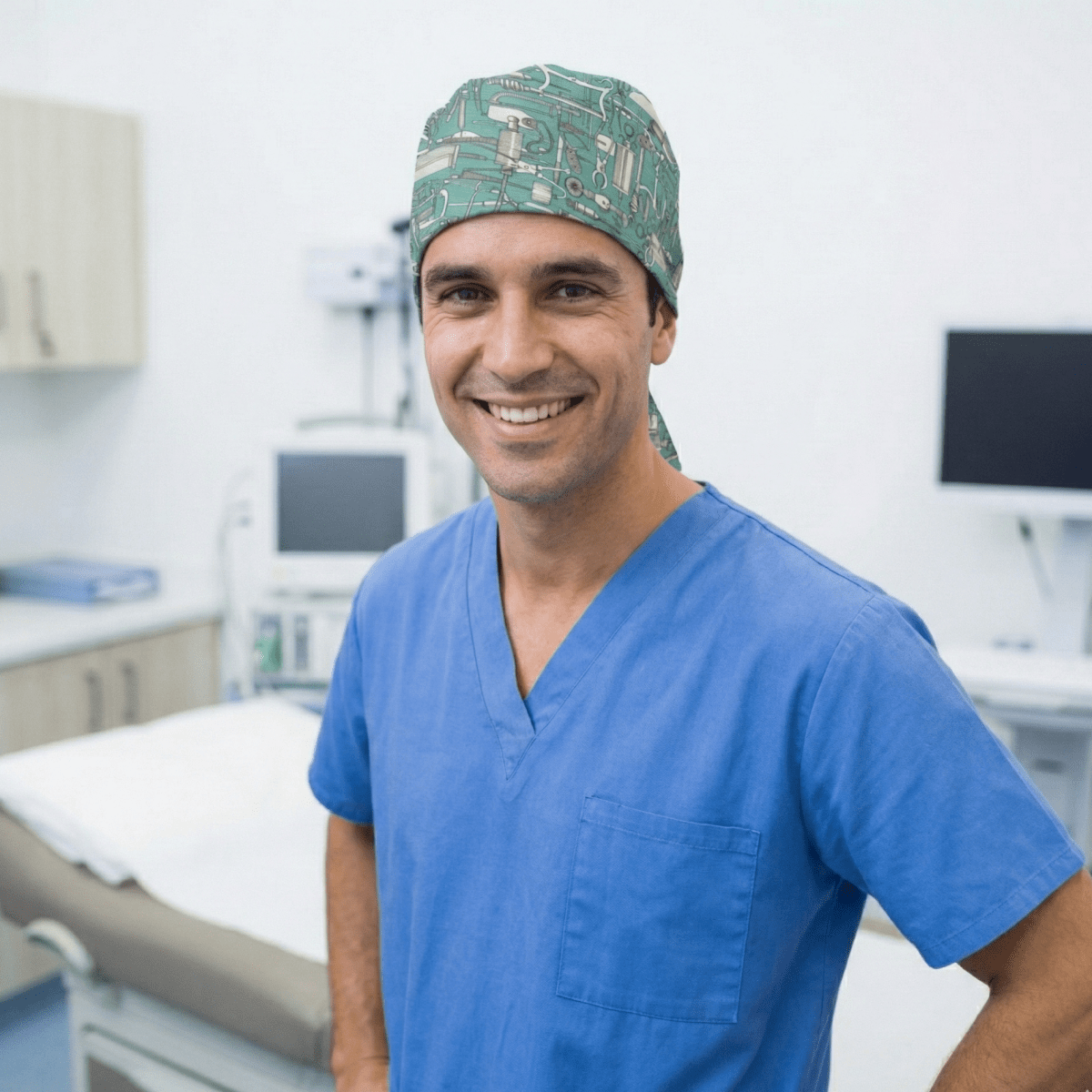 Hospital Tools Surgeons Table On Teal Blue Scrub Cap