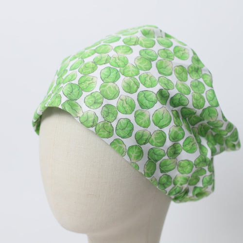 Brussel Sprouts scrub cap pattern detail on mannequin
