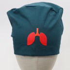 Teal scrub cap back view featuring red lungs vinyl transfer design