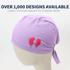 Purple scrub cap with red kidney characters, back view showing tie detail