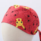 Red Pokemon scrub cap with Pikachu and Pokeball pattern shown from side angle on mannequin head