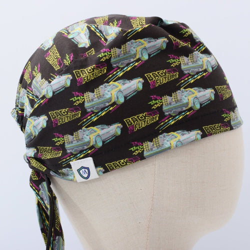 Back To The Future Delorean scrub cap pattern detail on mannequin