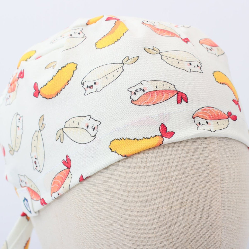 Gorro quirúrgico con diseño de sushi y gato