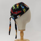 Side profile of racing cars motorsport scrub cap with colorful car pattern on black fabric