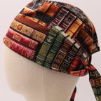 Side view of Old Book Library scrub cap showing vintage book spines pattern in rich reds, browns, and greens