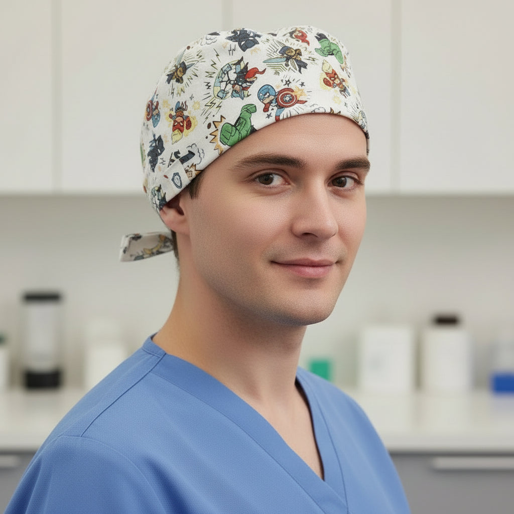 A scrub cap with a Marvel Avengers cartoon pattern displayed on a mannequin head.