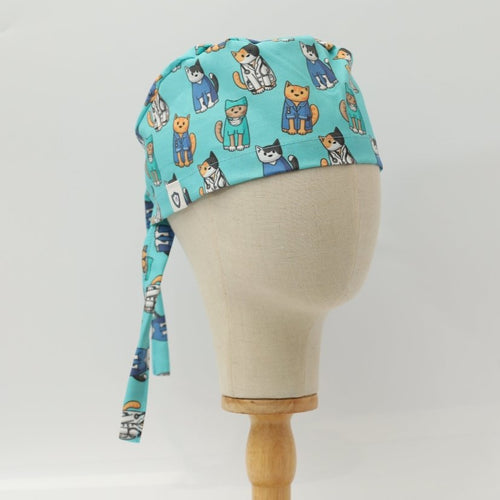 Cat Doctor Surgeons scrub cap pattern detail on mannequin