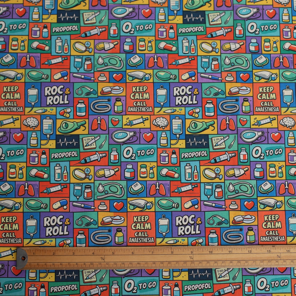Cool Comic Anaesthesia scrub cap pattern shown flat