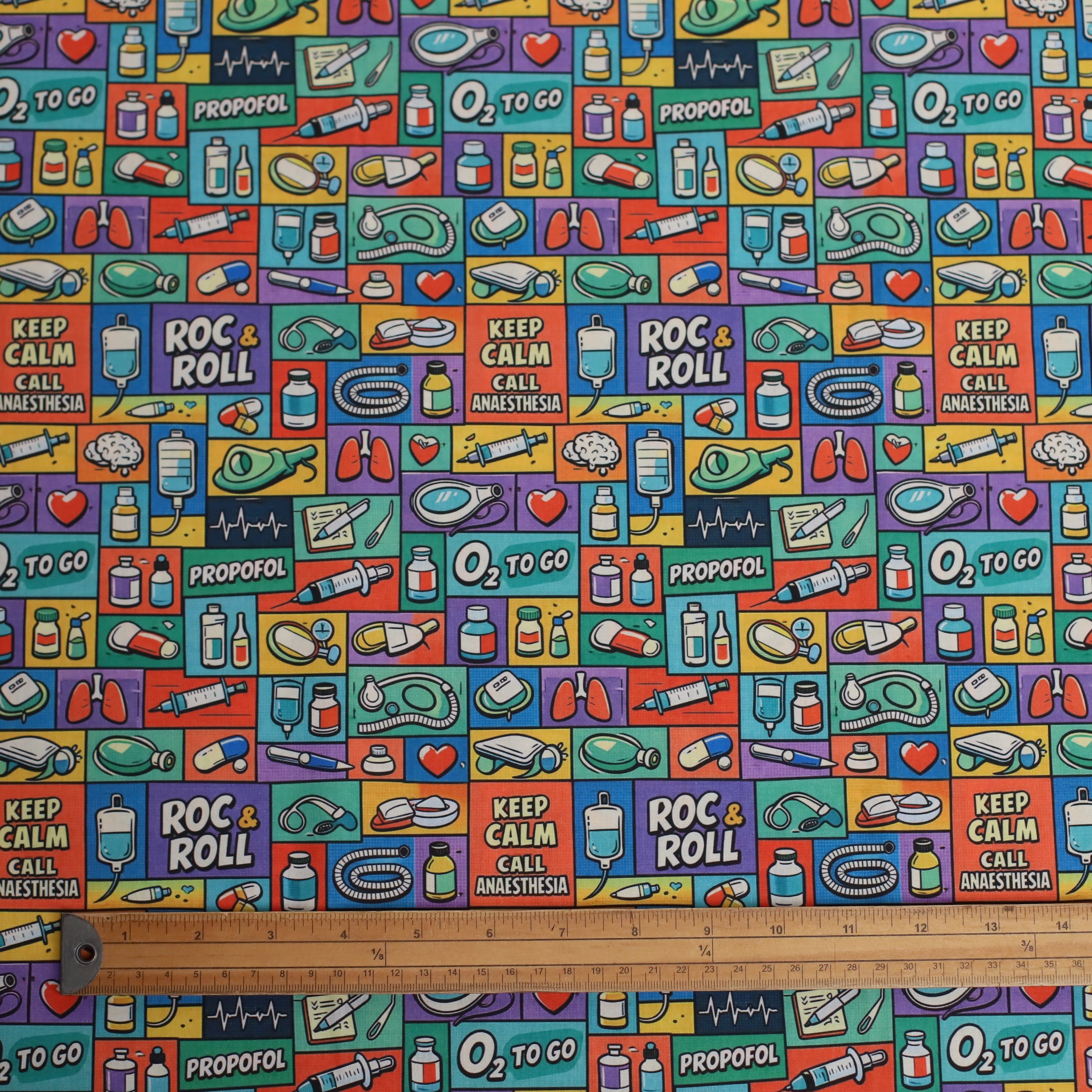 Cool Comic Anaesthesia scrub cap pattern shown flat