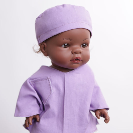 Doll wearing lavender scrubs and matching Medicus Scrub Cap from @doll-scrubs-caps. Part of the 22-colour collection for realistic medical play.