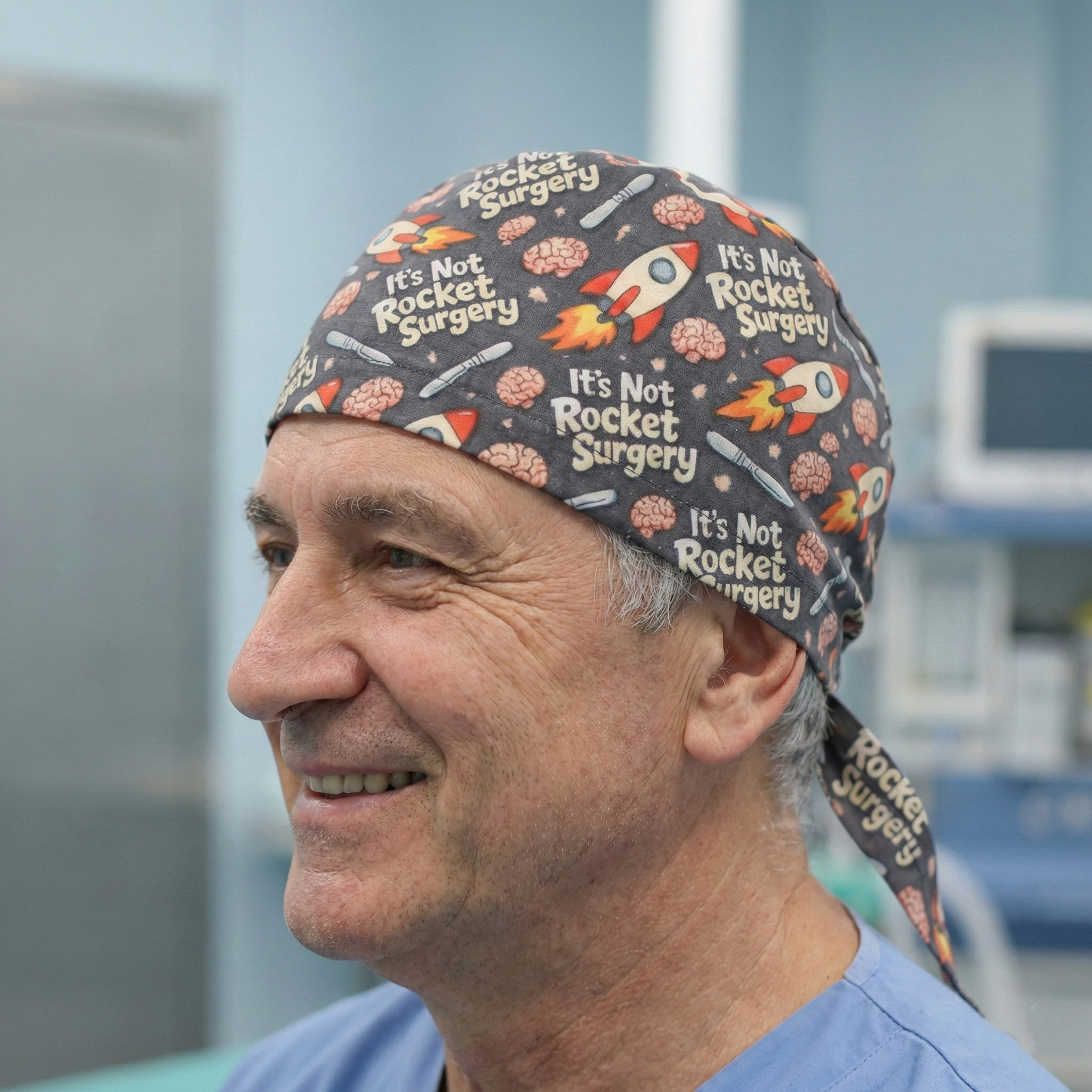 It’s Not Rocket Surgery scrub cap shown on model