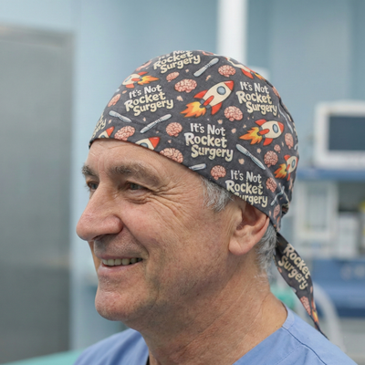 It’s Not Rocket Surgery scrub cap shown on model