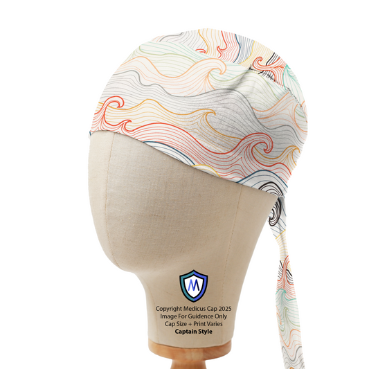 Mannequin head wearing Medicus Scrub Cap with a Japanese wave pattern in pastel colors, featuring a long tie at the back.