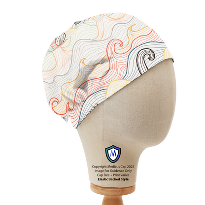 Mannequin head wearing Medicus Scrub Cap with an anime-inspired Japanese wave pattern, featuring an elastic back for a secure fit.