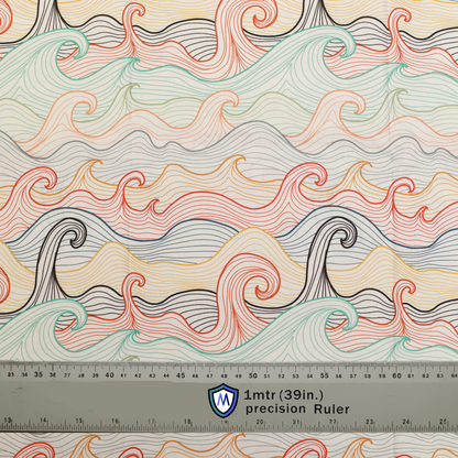 Fabric sample for Medicus Scrub Caps featuring an anime-inspired Japanese wave pattern in pastel tones. A 1-meter ruler provides scale.