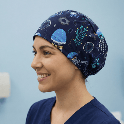 Jellyfish Sea scrub cap shown on model