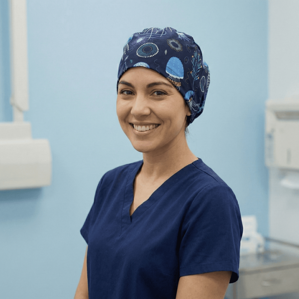 Jellyfish Sea scrub cap pattern detail on mannequin