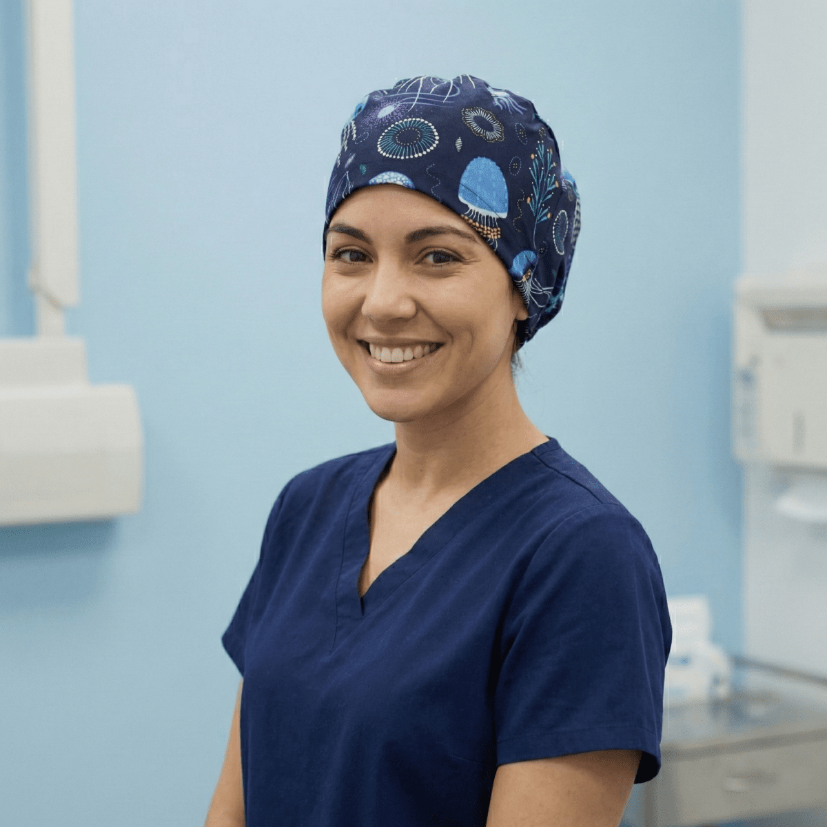 Jellyfish Sea scrub cap pattern detail on mannequin