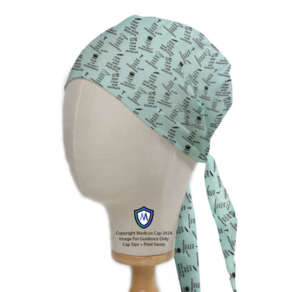Keep Calm And Blame Anaesthesia Scrub Cap from Medicus Scrub Caps, featuring a light green fabric with playful anaesthesia-themed text and icons.