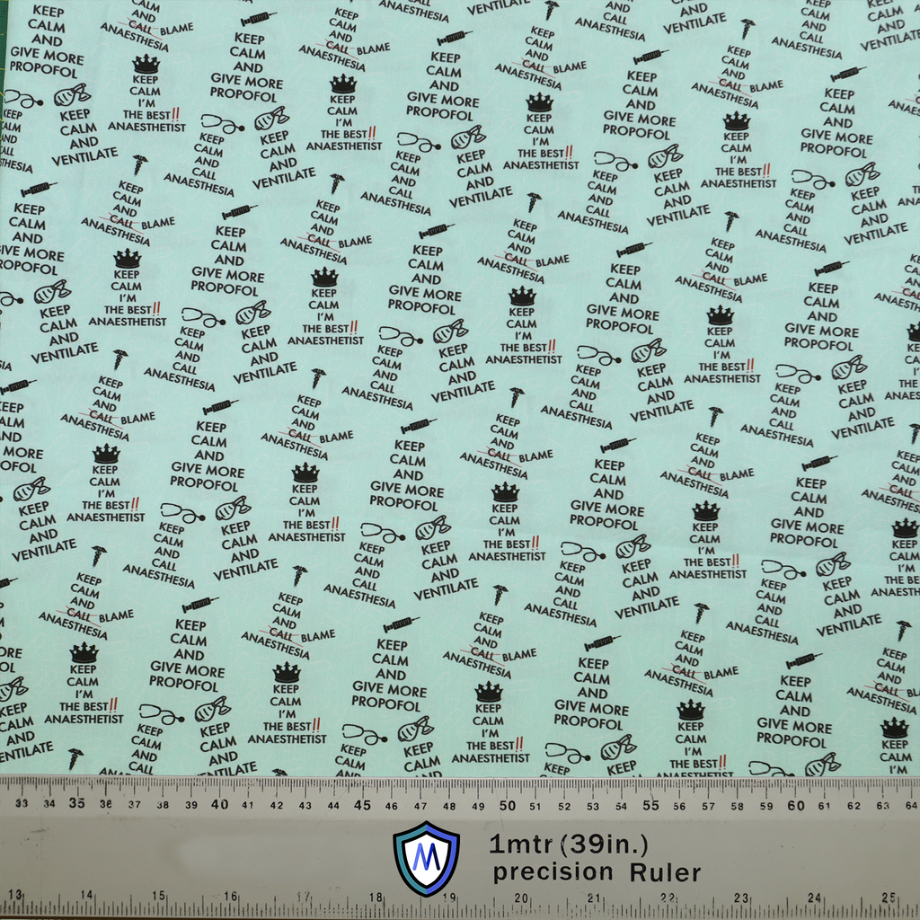 Keep Calm And Blame Anaesthesia scrub cap fabric from Medicus Scrub Caps, featuring anesthesia-themed text and symbols on a light blue background.