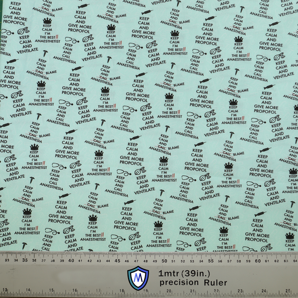 Keep Calm And Blame Anaesthesia scrub cap fabric from Medicus Scrub Caps, featuring anesthesia-themed text and symbols on a light blue background.