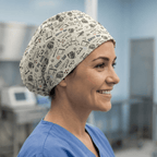 Kitty Cat Homework scrub cap shown on model