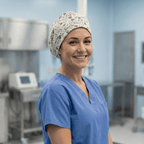 Kitty Cat Homework scrub cap shown on model