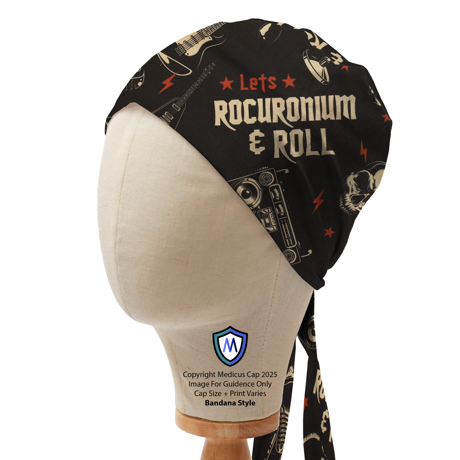 Mannequin head wearing Medicus Scrub Cap with 'Let's ROCURONIUM & ROLL' text on black background, featuring rock-inspired illustrations.