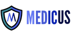 Logo featuring a shield with a stylized M inside, next to the word MEDICUS in bold, blue gradient letters.