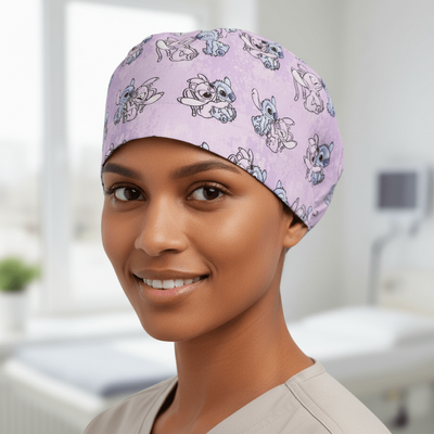 Lilo + Stitch On Purple scrub cap in Duchess elastic-back style