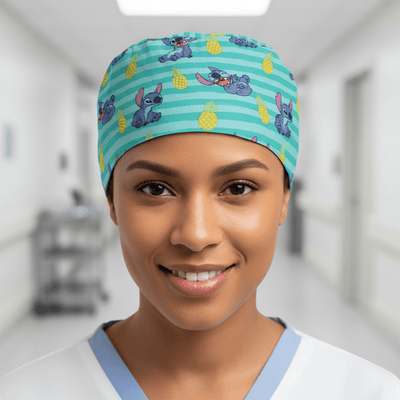 Lilo + Stitch Pineapple on Stripes scrub cap in Captain fitted style
