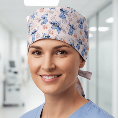 Lilo + Stitch Smelling the Flowers scrub cap in Bandana tie-back style